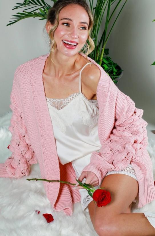 Casual Bubble Crochet Sleeve Chunky Knitted Cardigan (Blush)