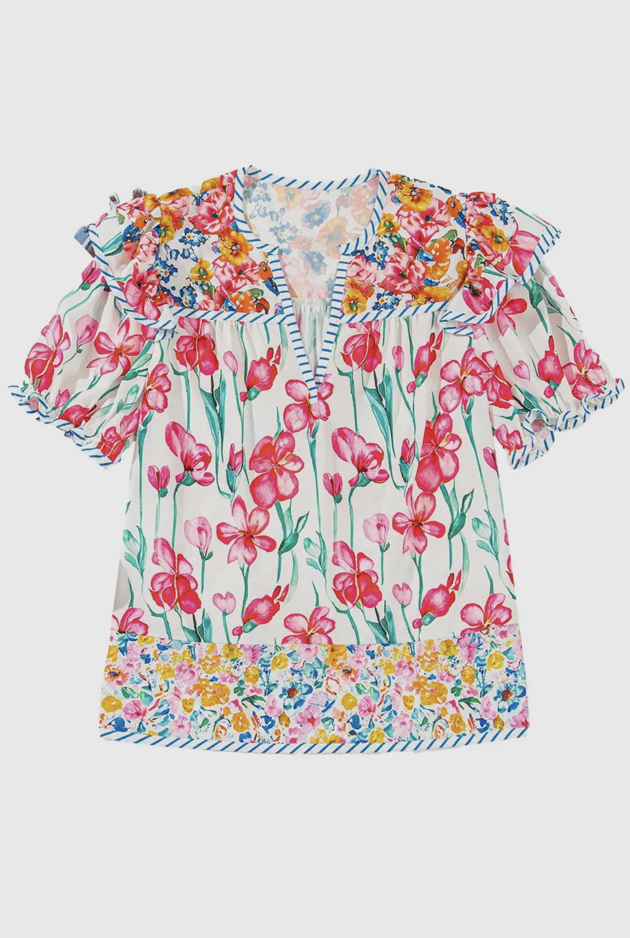 Floral Print Striped Detail Split Neck Blouse