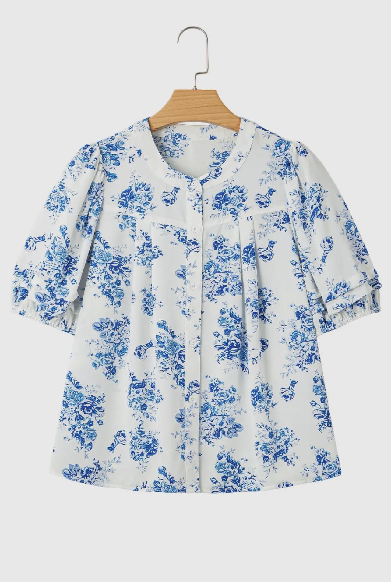 Boho Floral Pleated Puff Sleeve Button Up Shirt