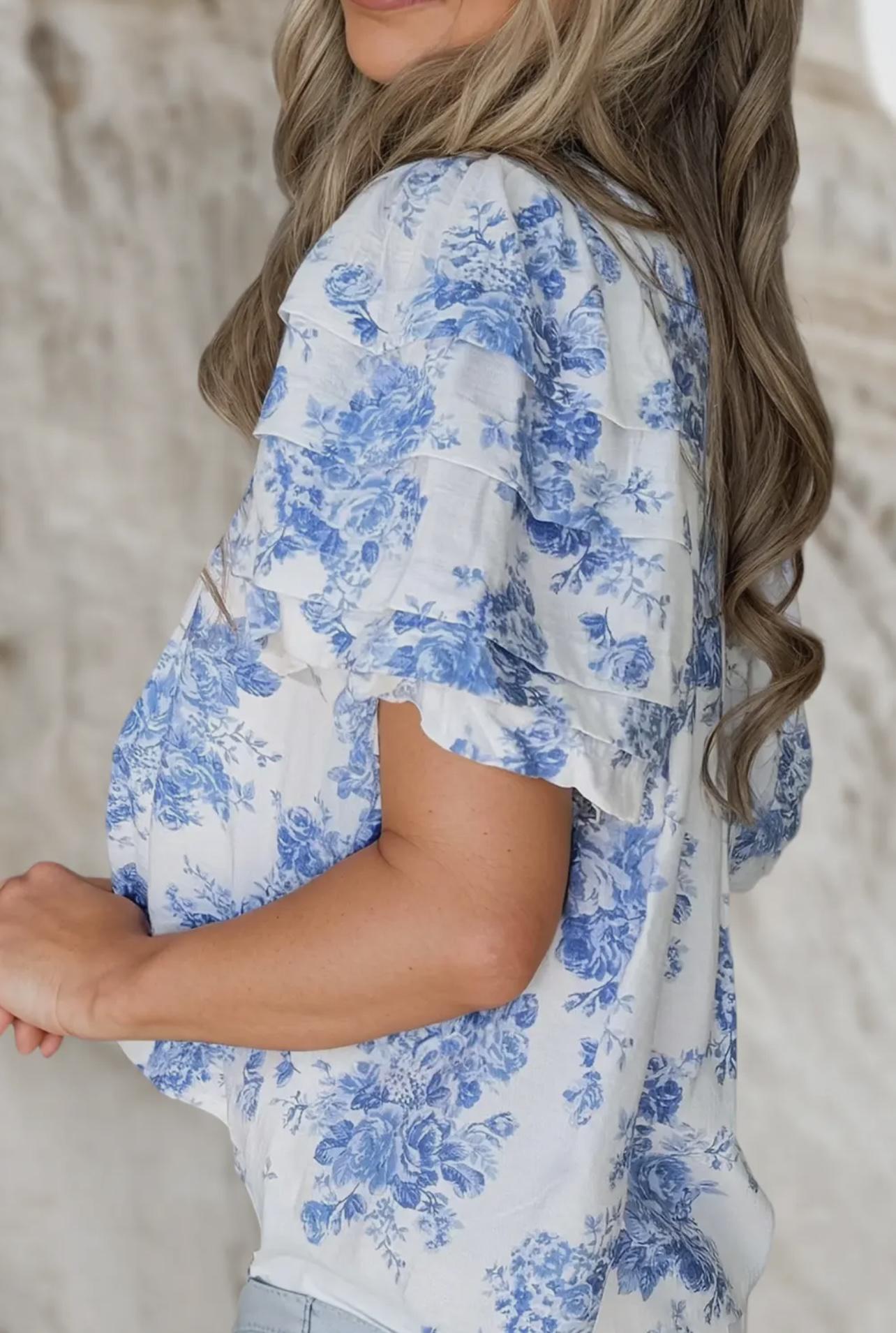 Boho Floral Pleated Puff Sleeve Button Up Shirt