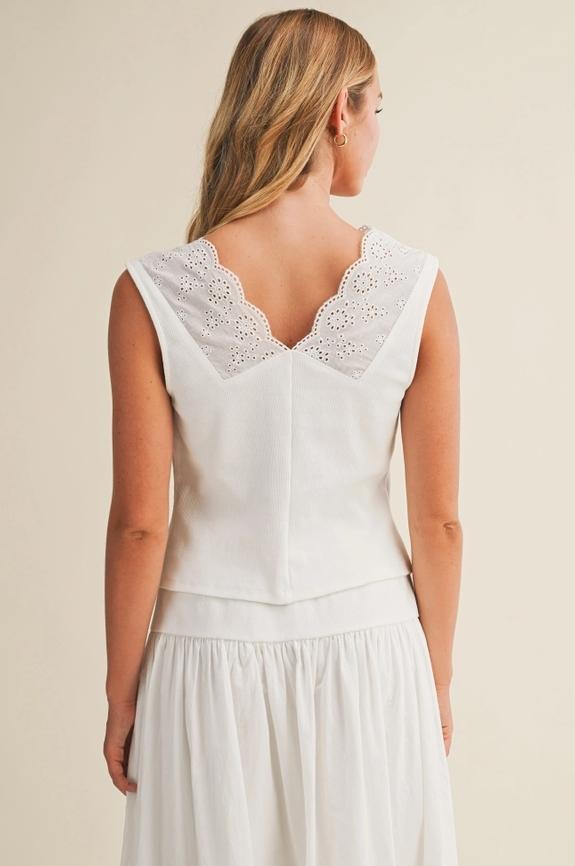 Eyelet and Rib Jersey Mixed Sleeveless Top (Off-White)