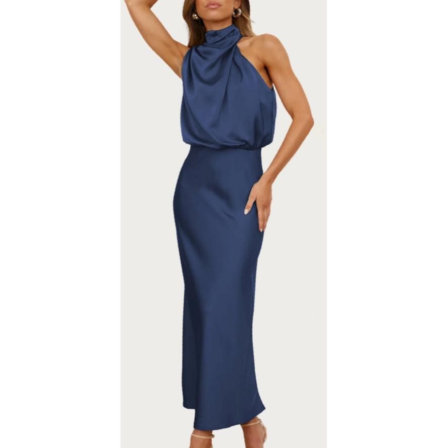 One-Shoulder Halter Formal Midi Dress (Navy)