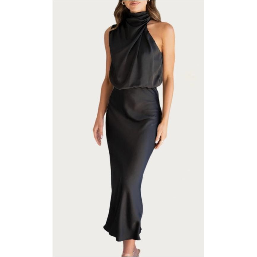 One-Shoulder Halter Formal Midi Dress (Black)