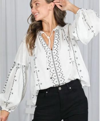 Bohemian Embroidered Split Neck Cotton Blouse Top