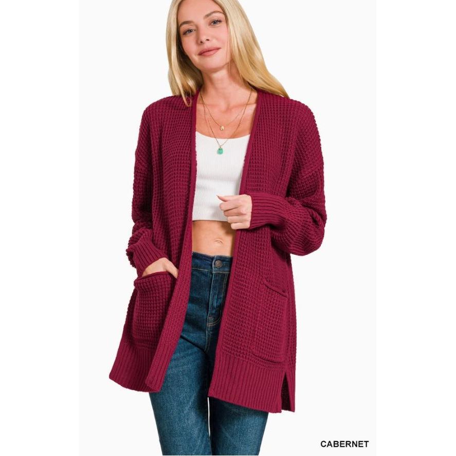 Low Gauge Waffle Open Cardigan Sweater (Cabernet)