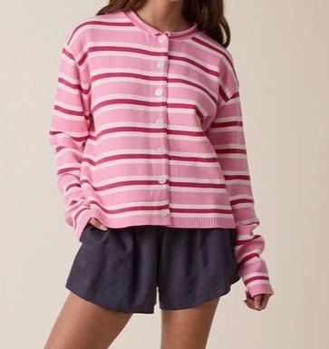 Multi-Striped Button-Up Sweater Cardigan (Pink)
