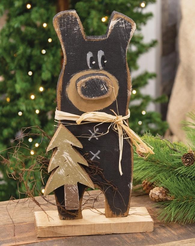 Rustic Wood Black Bear with Tree On Base - 15"H