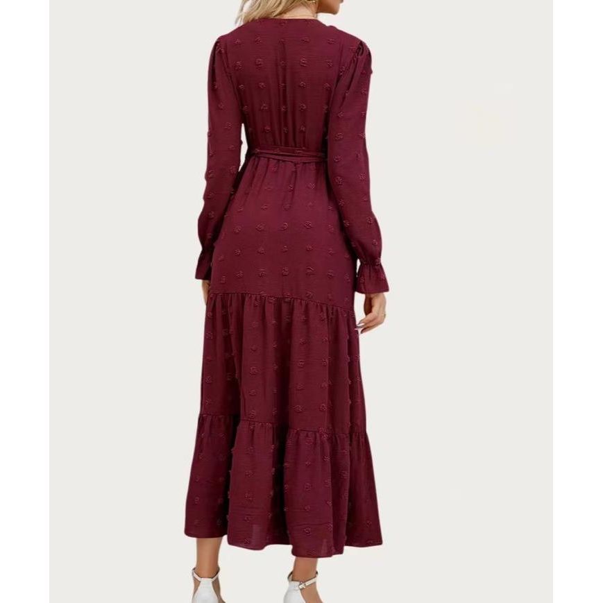 Classic Swiss Dot Surplice Neck Long Sleeve Maxi Dress (Burgundy)