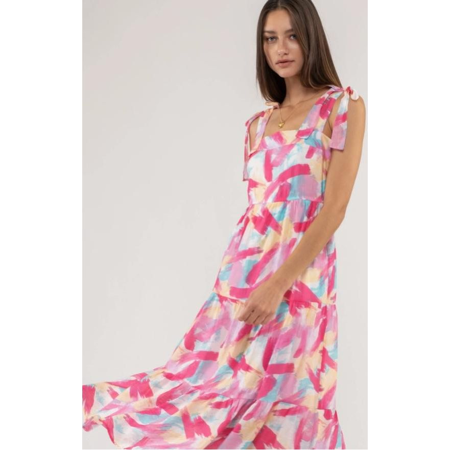 Brush Stroke Print Tiered Midi Dress (Fuchsia Multi)