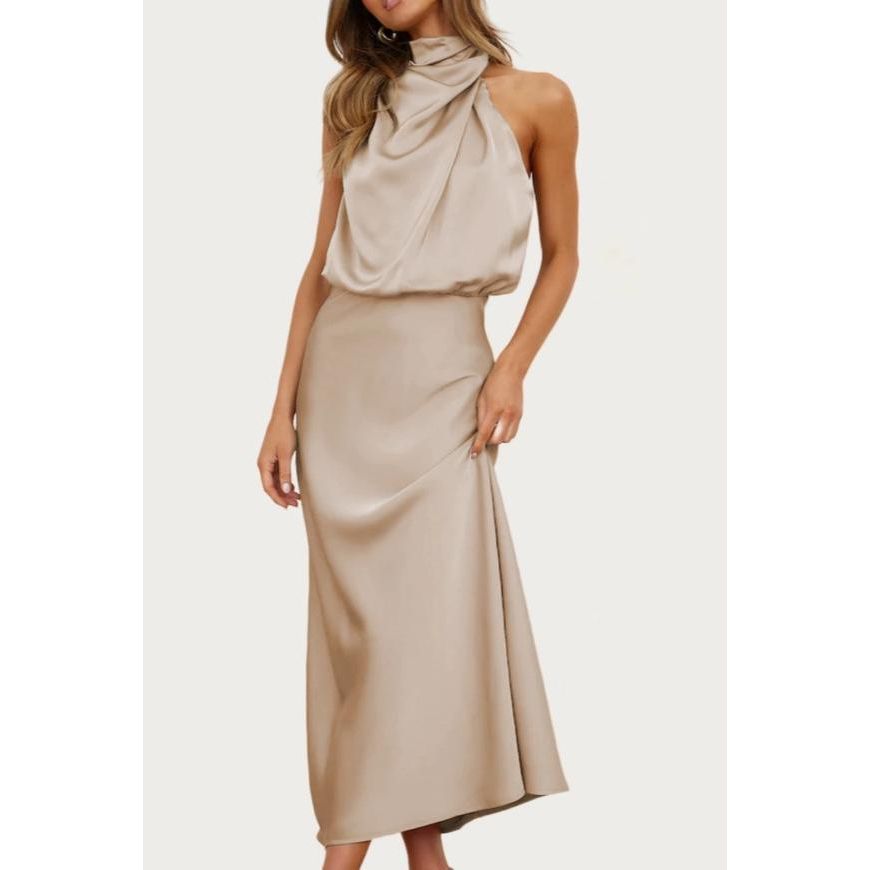 One-Shoulder Halter Formal Midi Dress (Apricot)