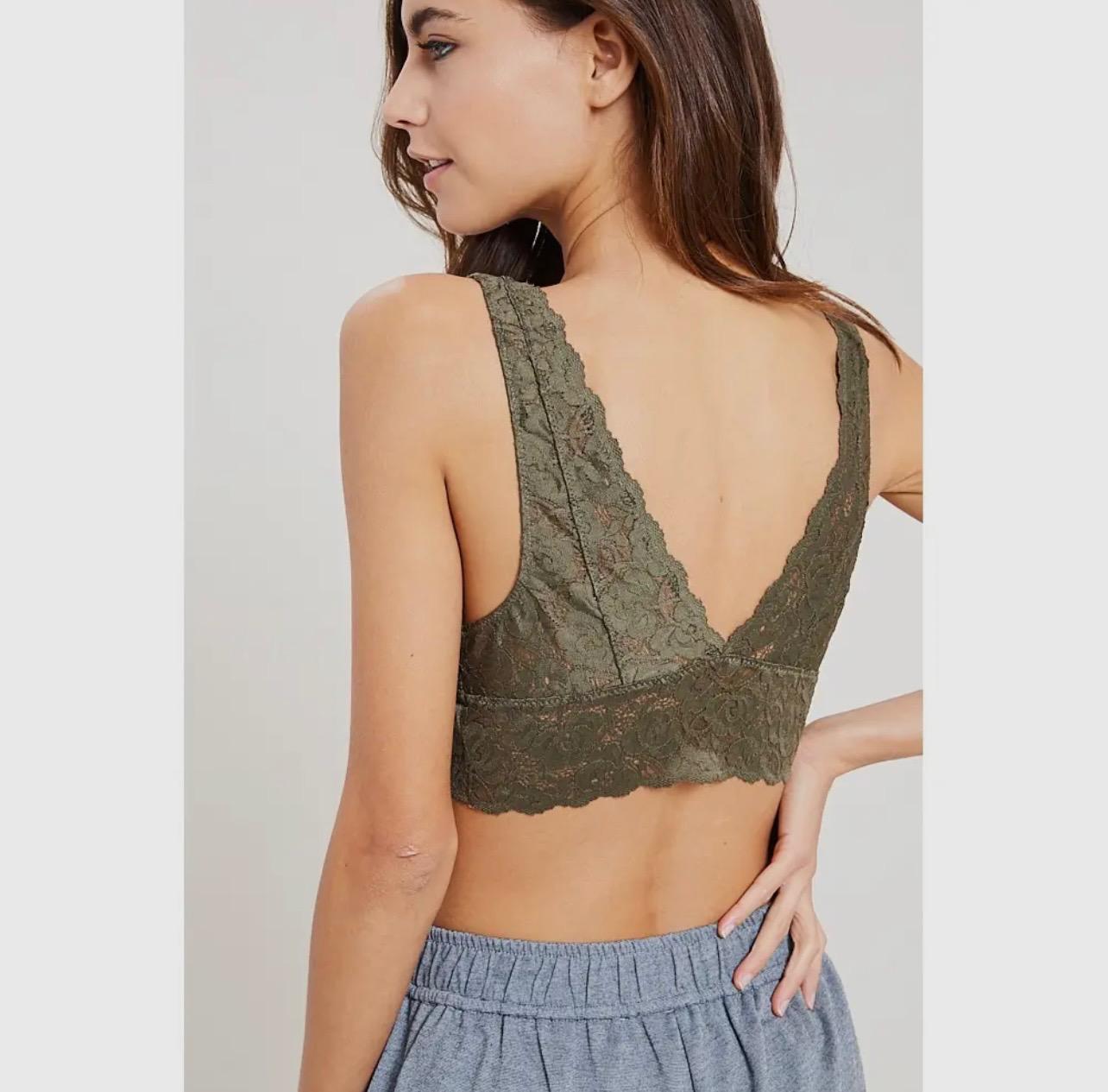 Scalloped Lace V Neck Padded Bralette (Olive)