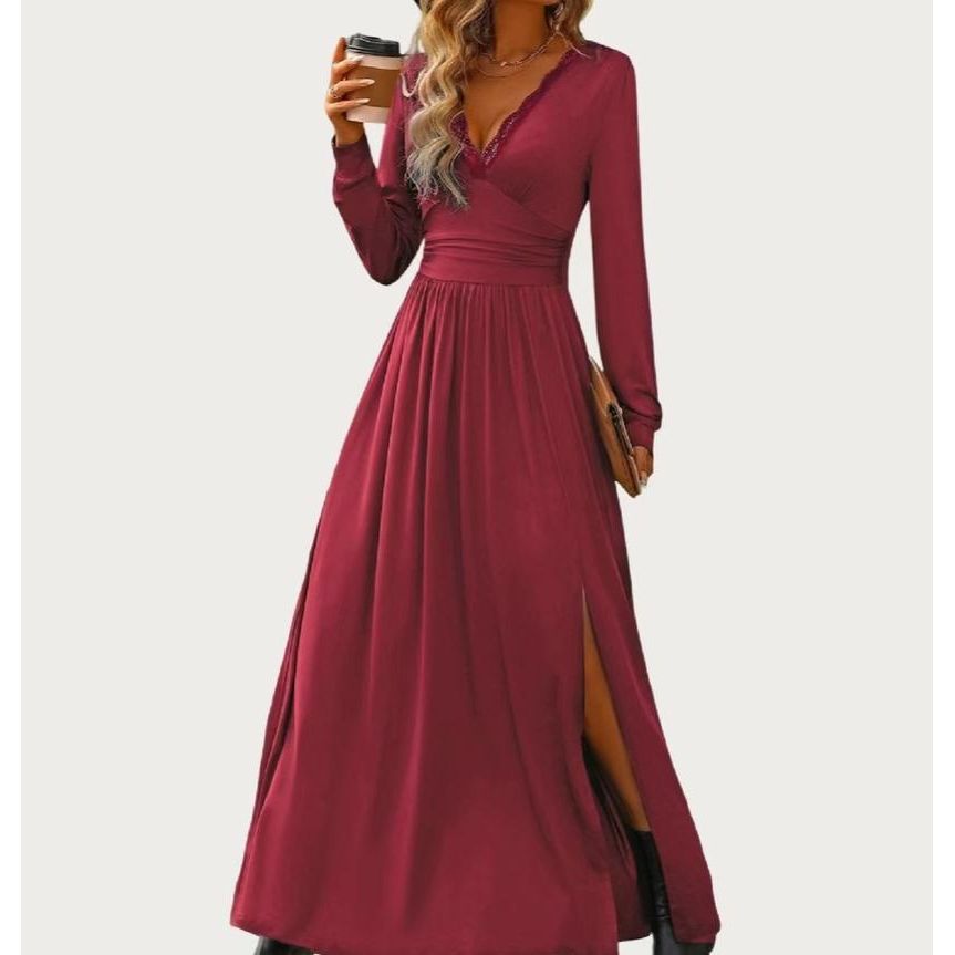 Solid Soft Stretchy Plunging Neck Long Sleeve Maxi Dress (Dark Red)