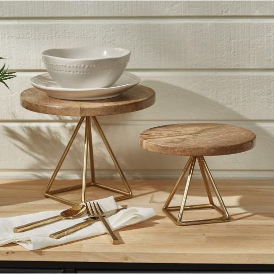 Wood/Gold Triangle Serving Stand (Short)