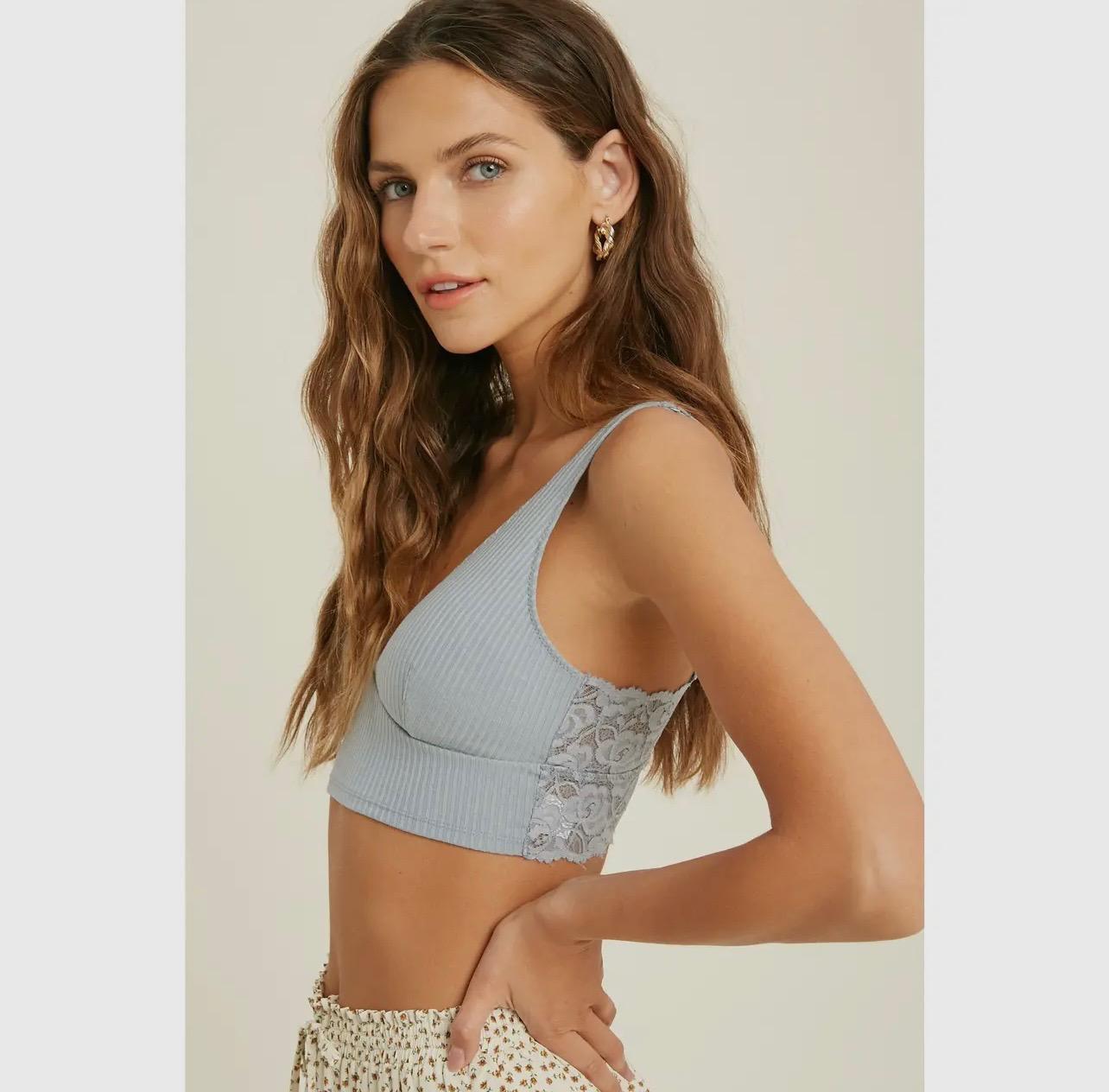 Ribbed Knit Bralette with Lace Back Detail (M.Blue)