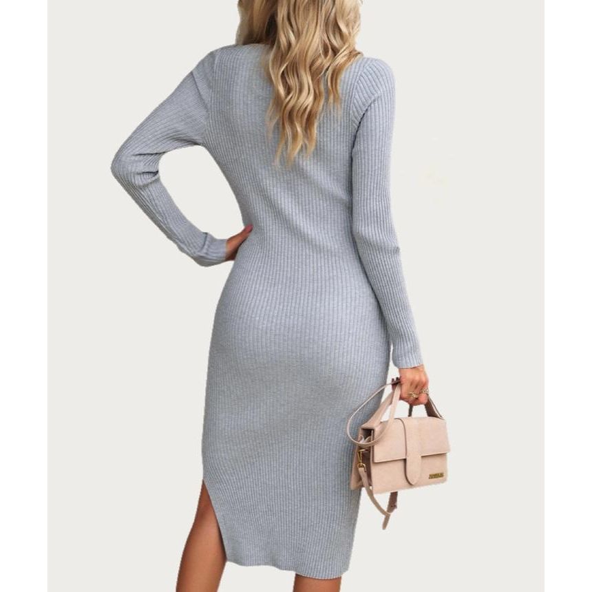 Classic Solid Ribbed Knit Long Sleeve Bodycon Midi Dress (Grey)
