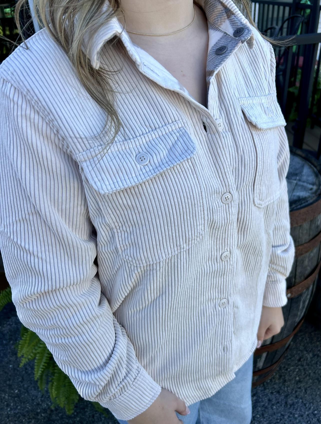 Plaid Lined Corduroy Flannel Shacket (Cream)