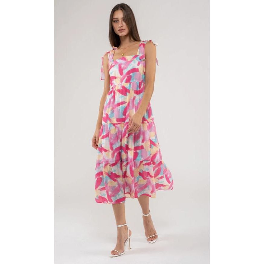 Brush Stroke Print Tiered Midi Dress (Fuchsia Multi)