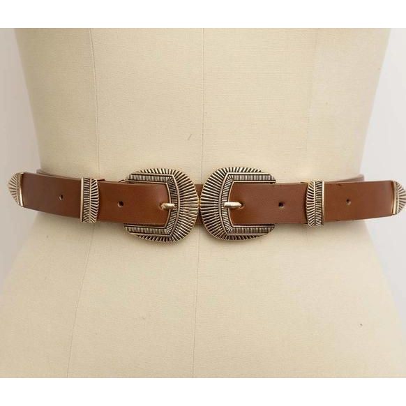 Double Buckle Faux Leather Western Style Belt