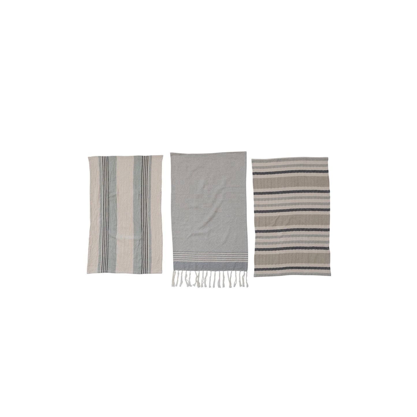 Woven Cotton Tea Towels w/ Stripes, Jute & Wood Bead Tie, 3 Styles, Set of 3