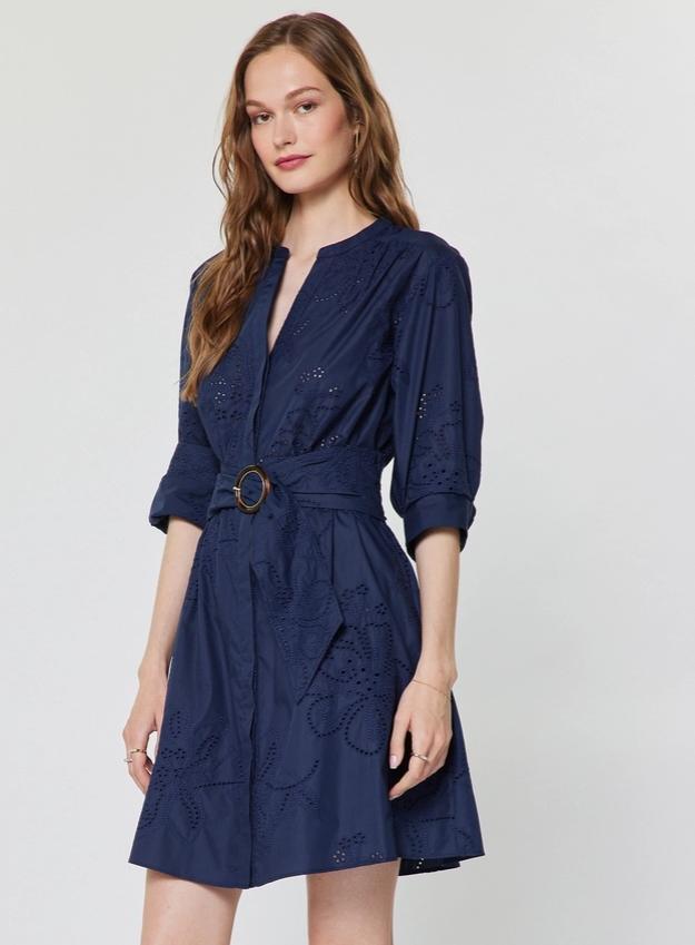 Eyelet Embroidered Belted Mini Dress (Navy)