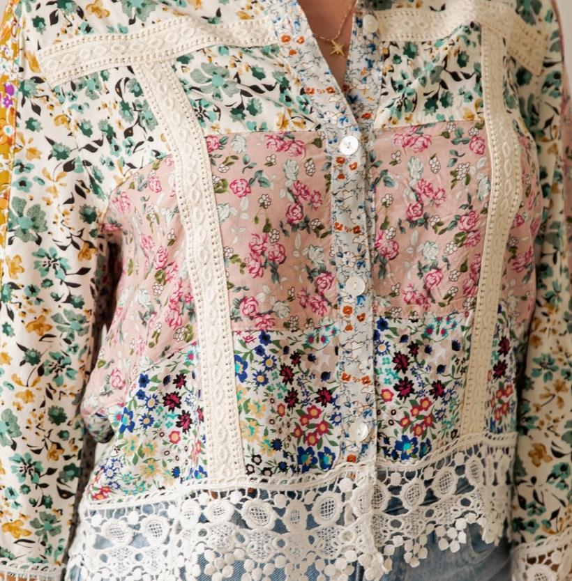 Earthy Boho Button Down Cropped Shirt (Natural)