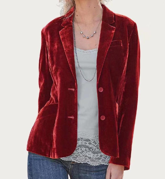 Classic Solid Velvet Collared Neck Long Sleeve Button Blazer (Red)