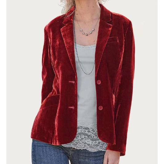 Classic Solid Velvet Collared Neck Long Sleeve Button Blazer (Red)