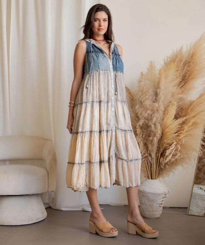Boho Sleeveless Maxi Button-Front Duster with Hood (Latte)