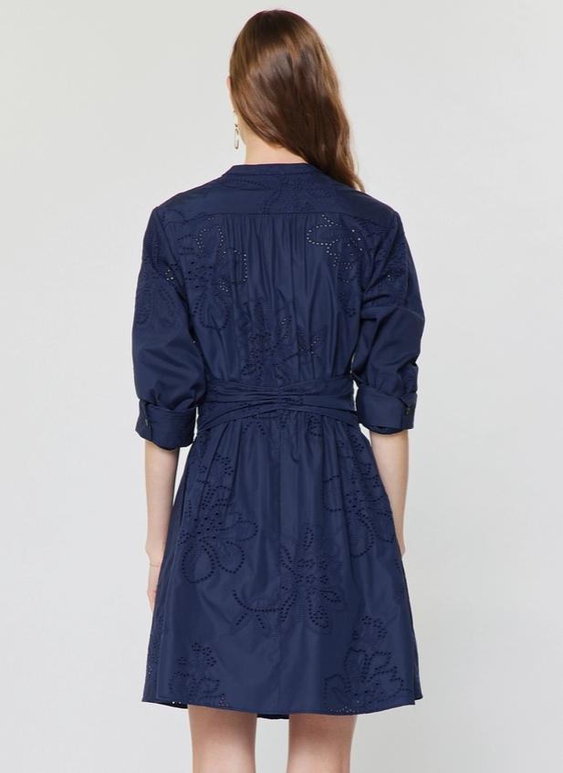 Eyelet Embroidered Belted Mini Dress (Navy)