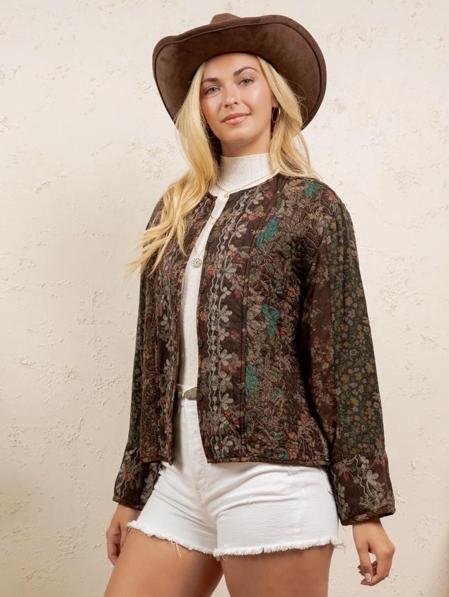 Vintage Floral Quilted Tapestry Pattern Long Sleeve Jacket