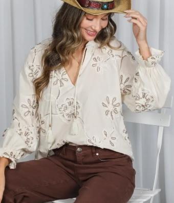 3D Floral Embroidered 100% Cotton Elegant Blouse (Cream)