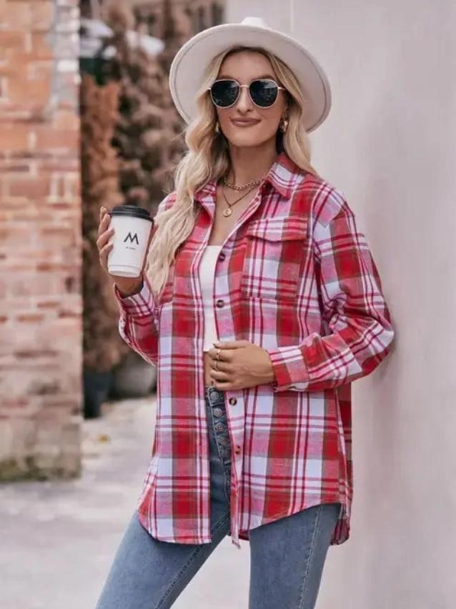 Women’s Plaid Oversized Flannel Button Down Shirt (Red)