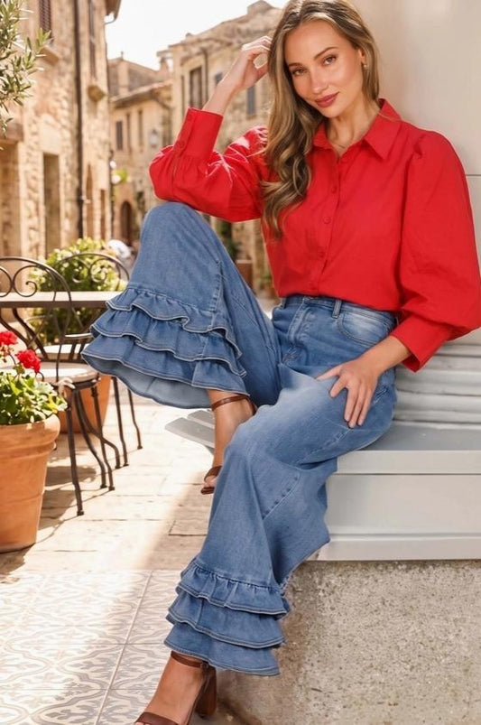 Short Puff Sleeve Button Down Shirt Top (Red)