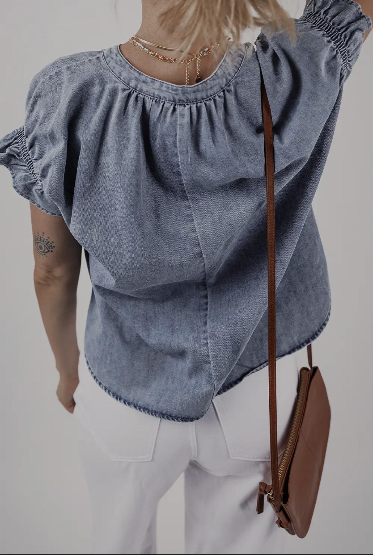 Ruffled Short Puff Sleeve Denim Top