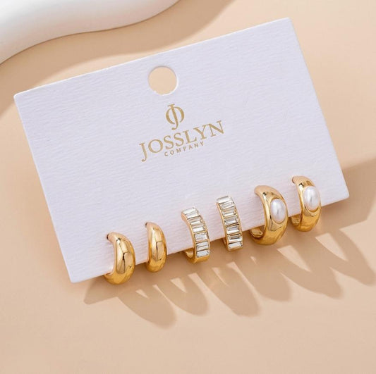 Pearl & Baguette Huggie Hoop Trio Earring Set