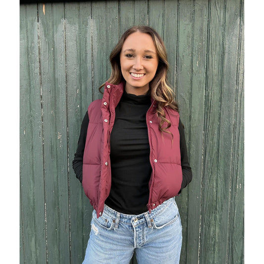 Essential Puffer Down Vest with Adjustable Hem (Burgundy)