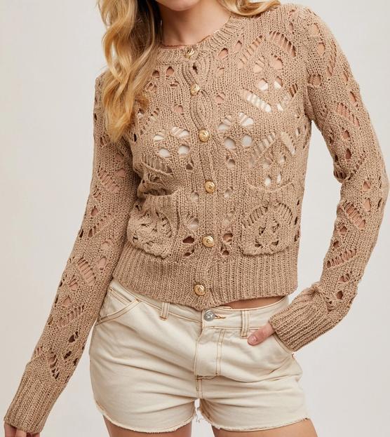 Crew Neck Button Down Pointelle Knit Cardigan (Taupe)