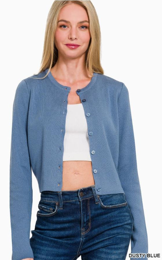 7 Button Crewneck Long Sleeve Cardigan (Dusty Blue)