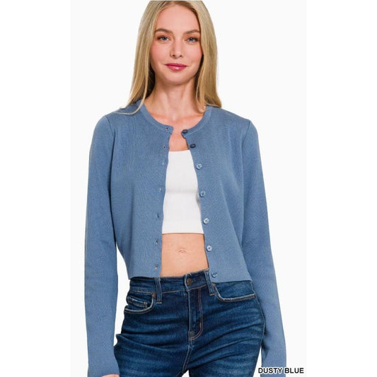 7 Button Crewneck Long Sleeve Cardigan (Dusty Blue)