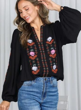 Vintage Embroidered Bohemian Blouse Top (Black)