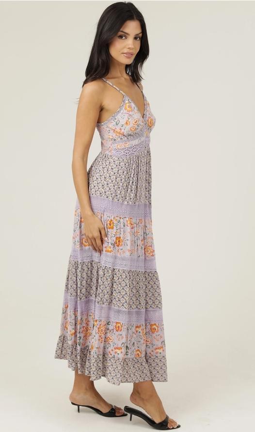 V Neck Lace Trim Mix Print Maxi Dress (Lavender)