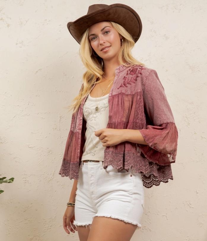 Tiered Patchwork Cropped Shrug (Garnet)