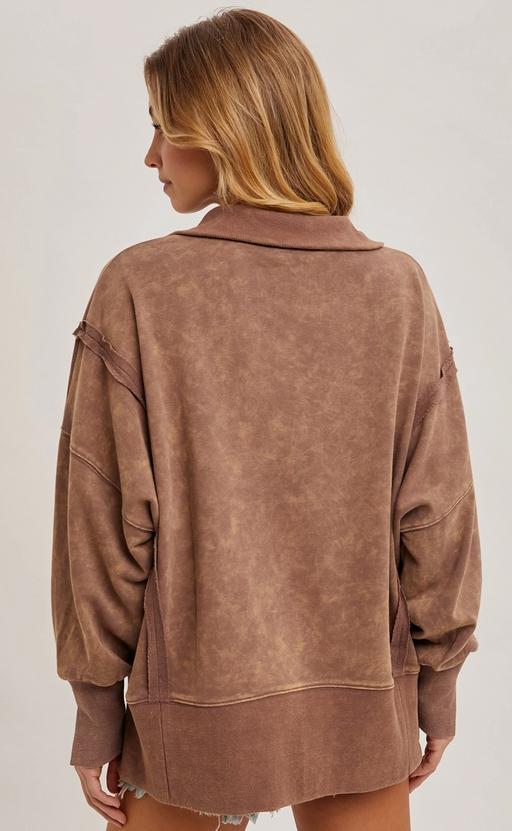 Washed Side Slit Henley Sweatshirt (Mocha)