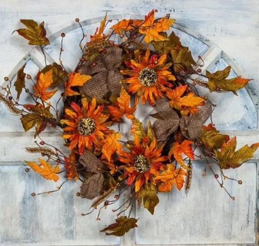 Grapevine Wreath W/Sunflowers, Wheat, Berries, Burlap Bows