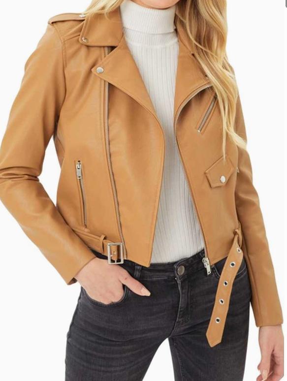 Faux Leather Zip Up Biker Jacket (Camel)