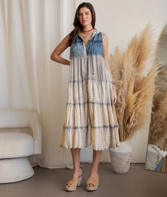 Boho Sleeveless Maxi Button-Front Duster with Hood (Latte)