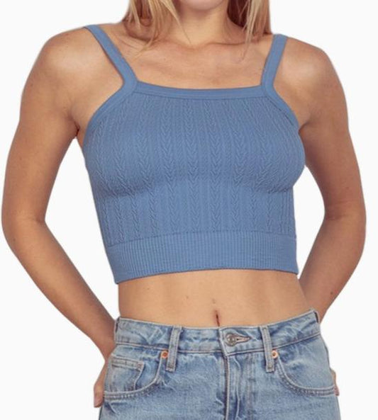 Cable Ribbed Fitted Crop Tank Top (Denim)