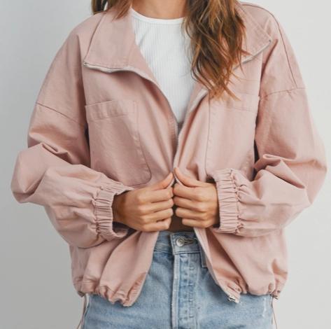 Dual Pocket Zipper Drawstring Hem Jacket (Mauve)