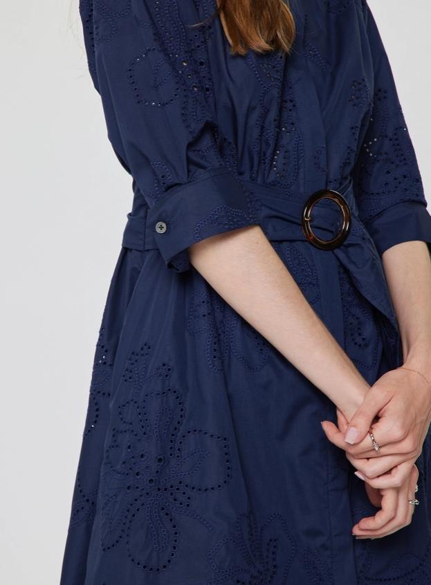 Eyelet Embroidered Belted Mini Dress (Navy)