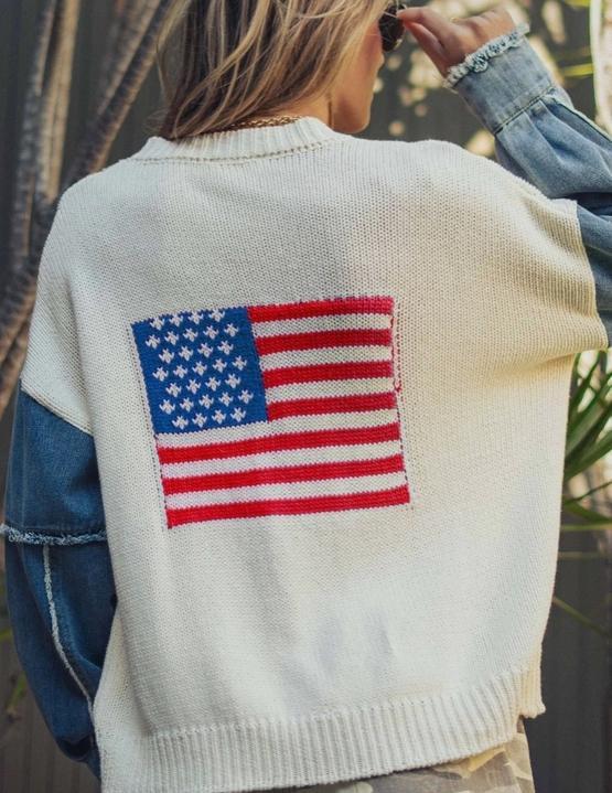 Mixed Media Flag Denim Sleeve Cardigan
